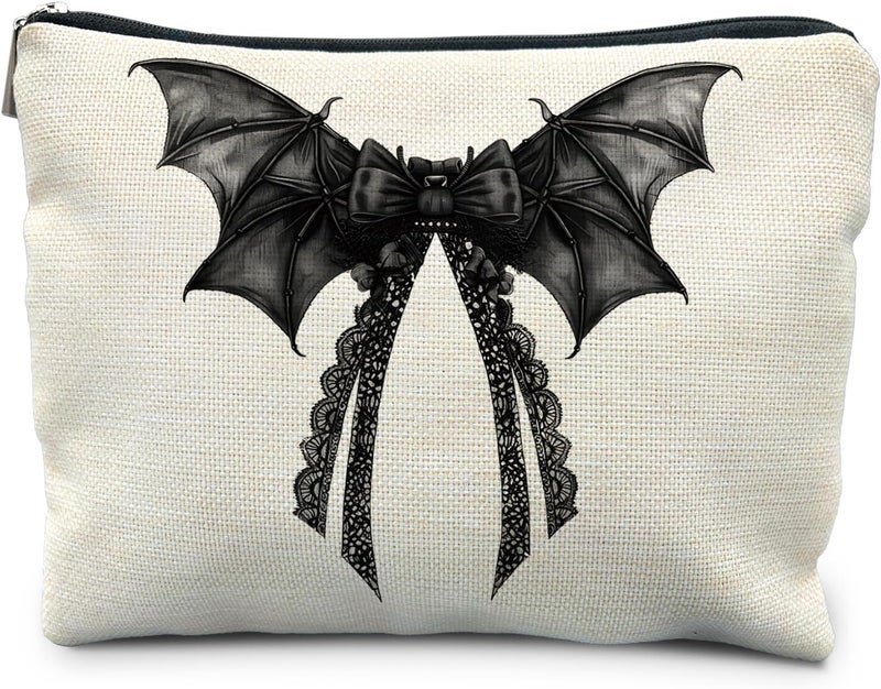 RYYCDOI Halloween Coquette Lace Bow Bat Cosmetic Bag - Gothic Black, Girly Makeup Pouch - Image 1